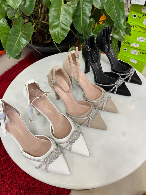 Rhinestone Embedded Pointy Ankle Strap Heels